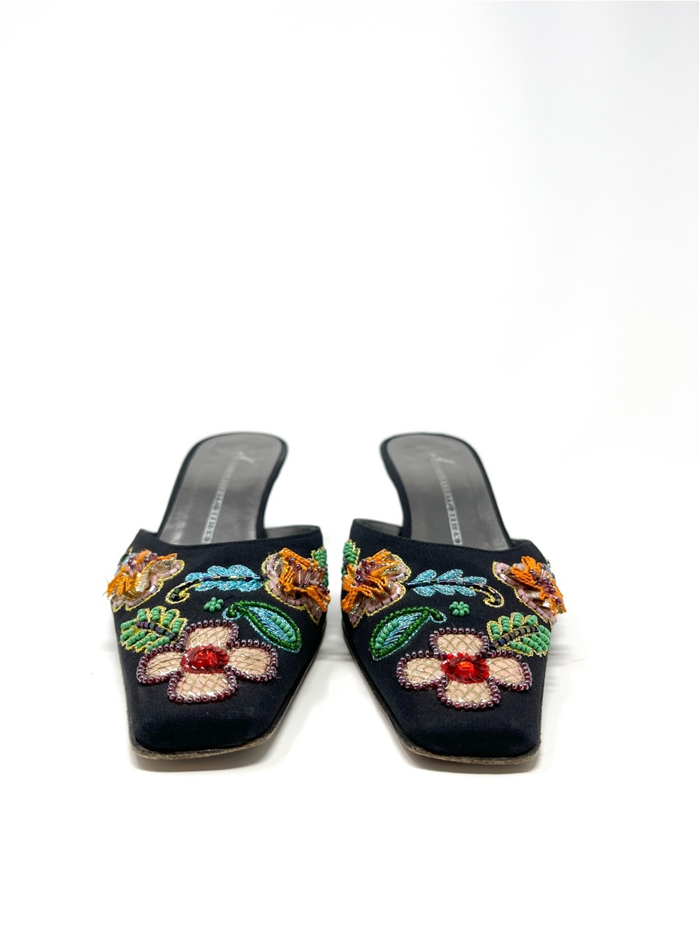 Vintage Giuseppe Zanotti Y2K Black Satin Beaded Flower Mules Kitten Heels 7.5 - Picture 3 of 10